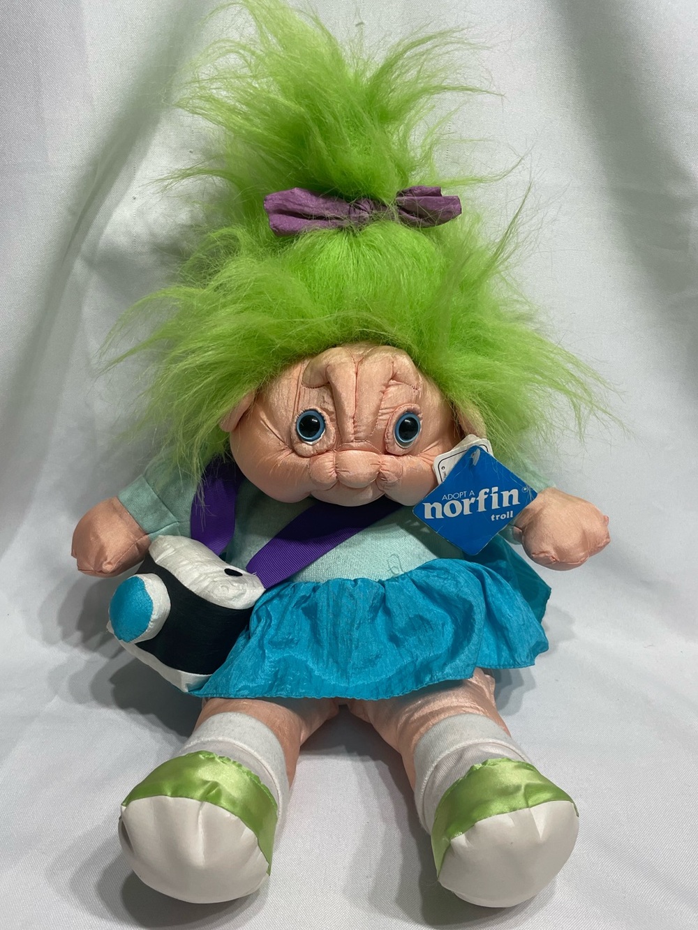 16” Vintage 1992 Norfin ParaCutes "Tourist" adopt-a-troll doll neon green hair